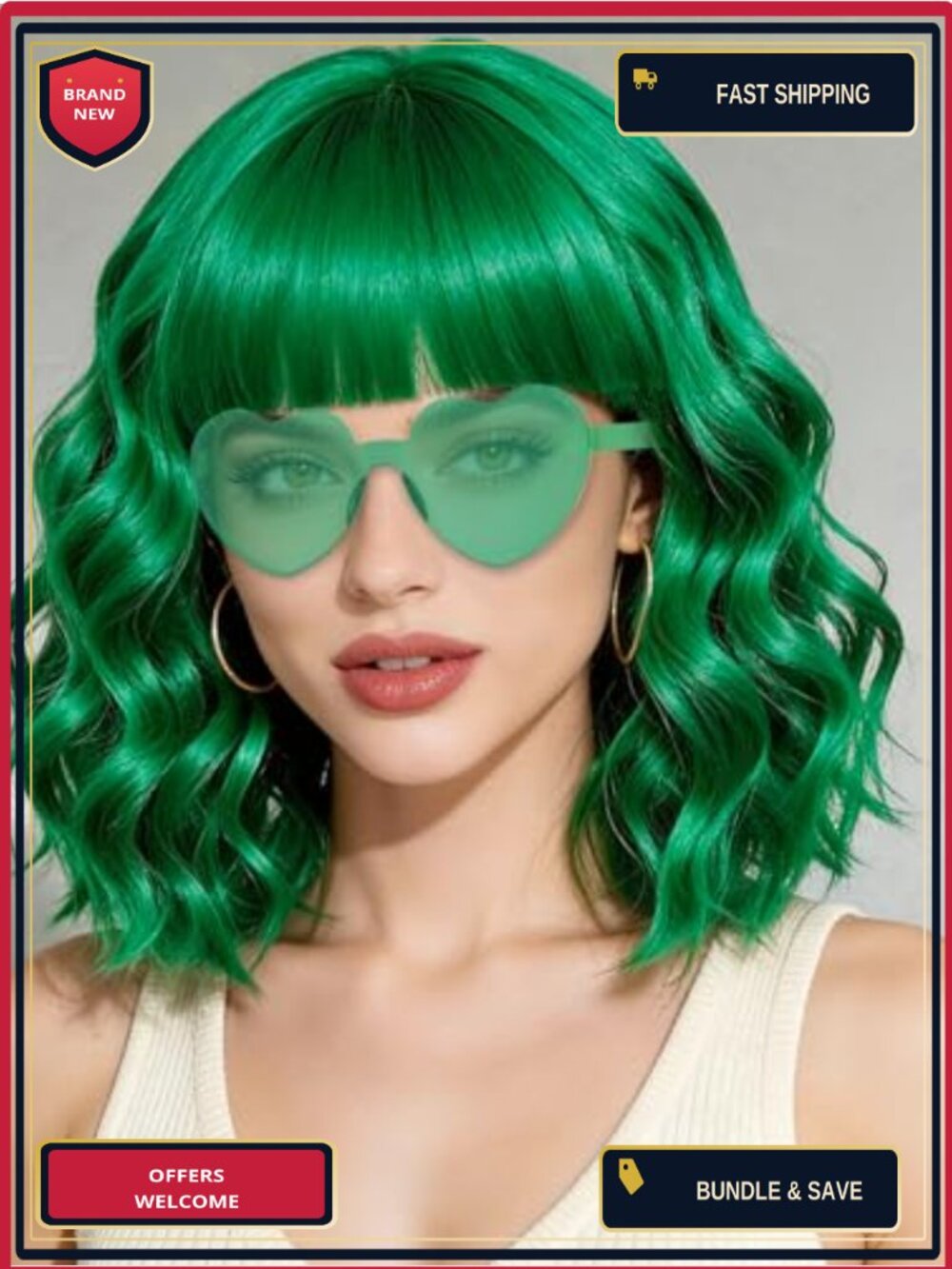 Wavy Bob Wig with Bangs & Heart Sunglasses Cosplay Costume Set